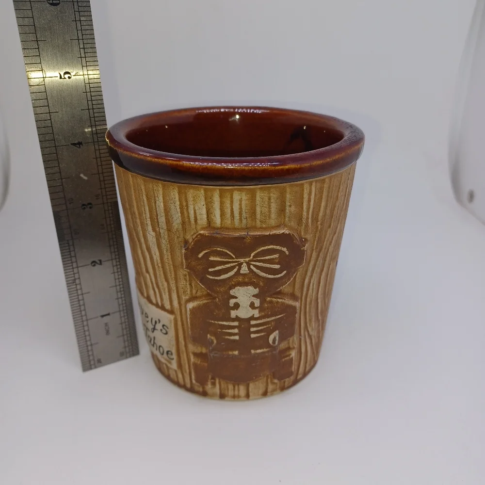 Vtg Harveys Lake Tahoe Bucket Tiki Mug Block Font Print Brown Glaze OMC Otagiri